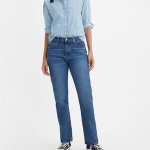 Levis 501 straight blue jeans.